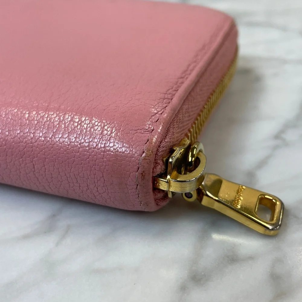 Miu Miu Rose Pink Leather Zip-Around Wallet with Bow